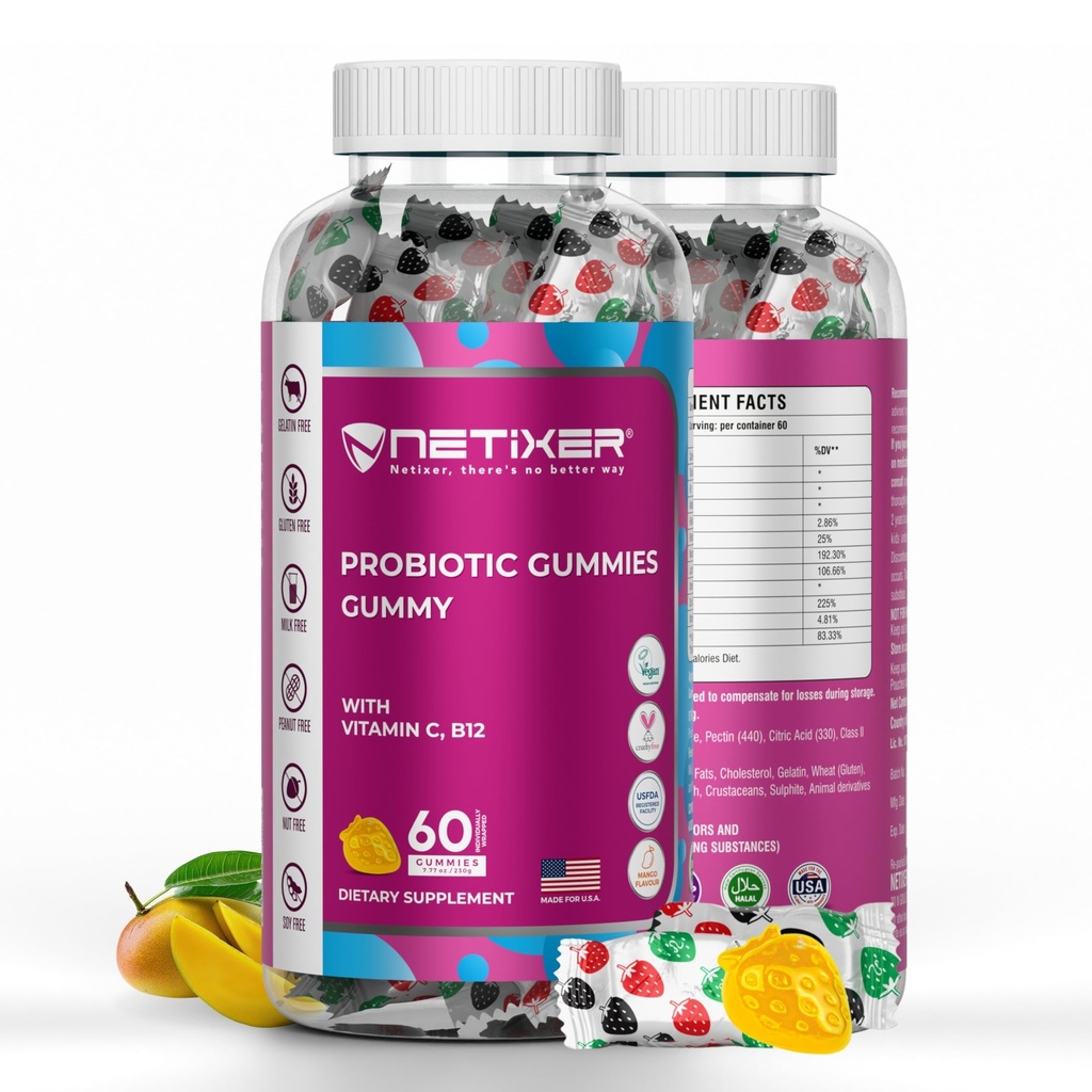 Probiotic Gummies with Vitamin C, Vitamin B12, Folic Acid, Zinc, Niacinamide, Riboflavin & Probiotics (40 Million CFU) | 60 Vegan Gummies | Mango Flavor | Gluten-Free | Individually Wrapped