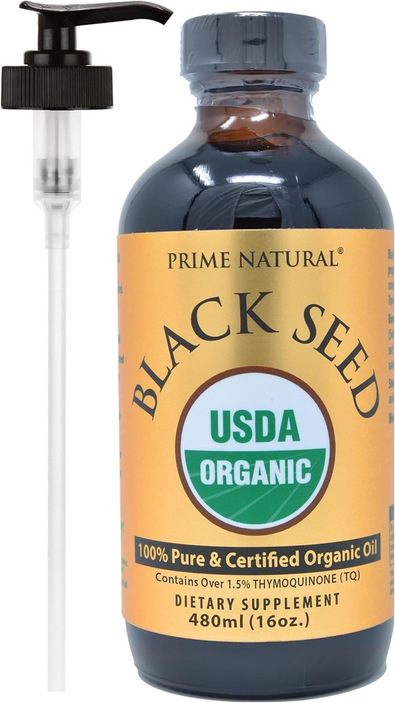 PRIME NATURAL Organic Black Seed Oil 16oz - Cold Pressed Unrefined High Thymoinol 1.7% USDA Certified - Turkish Origin Potent Nigella Sativa Liquid - Vegan Omega 3 6 9, Антиоксидант