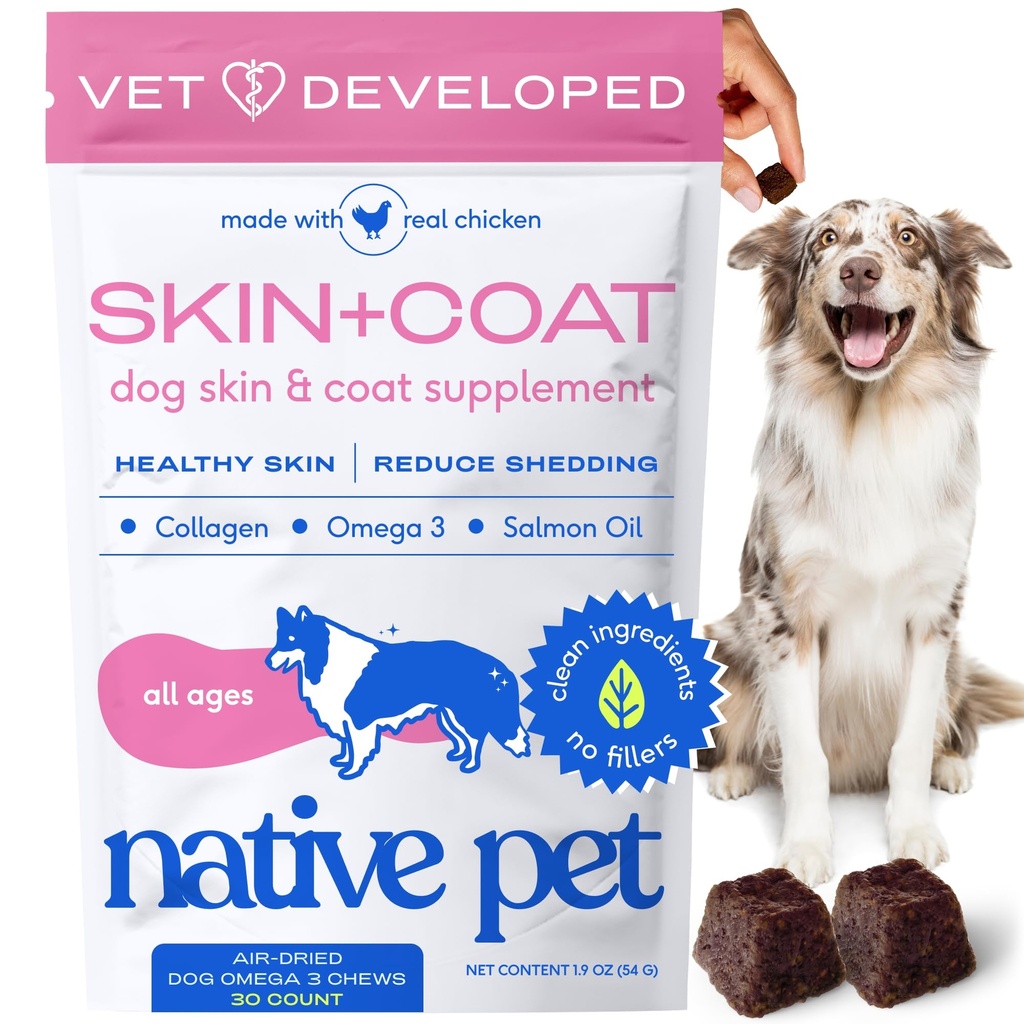 Native Pet Skin & Coat Chews - Omega 3 Fish Oil for Dogs Skin & Coat Supplement - Itch Relief, Shiny Fur & Shedding Support - Collagen, Hyaluronic Acid, Biotin, Probiotics & Salmon Oil - 30 Chews
