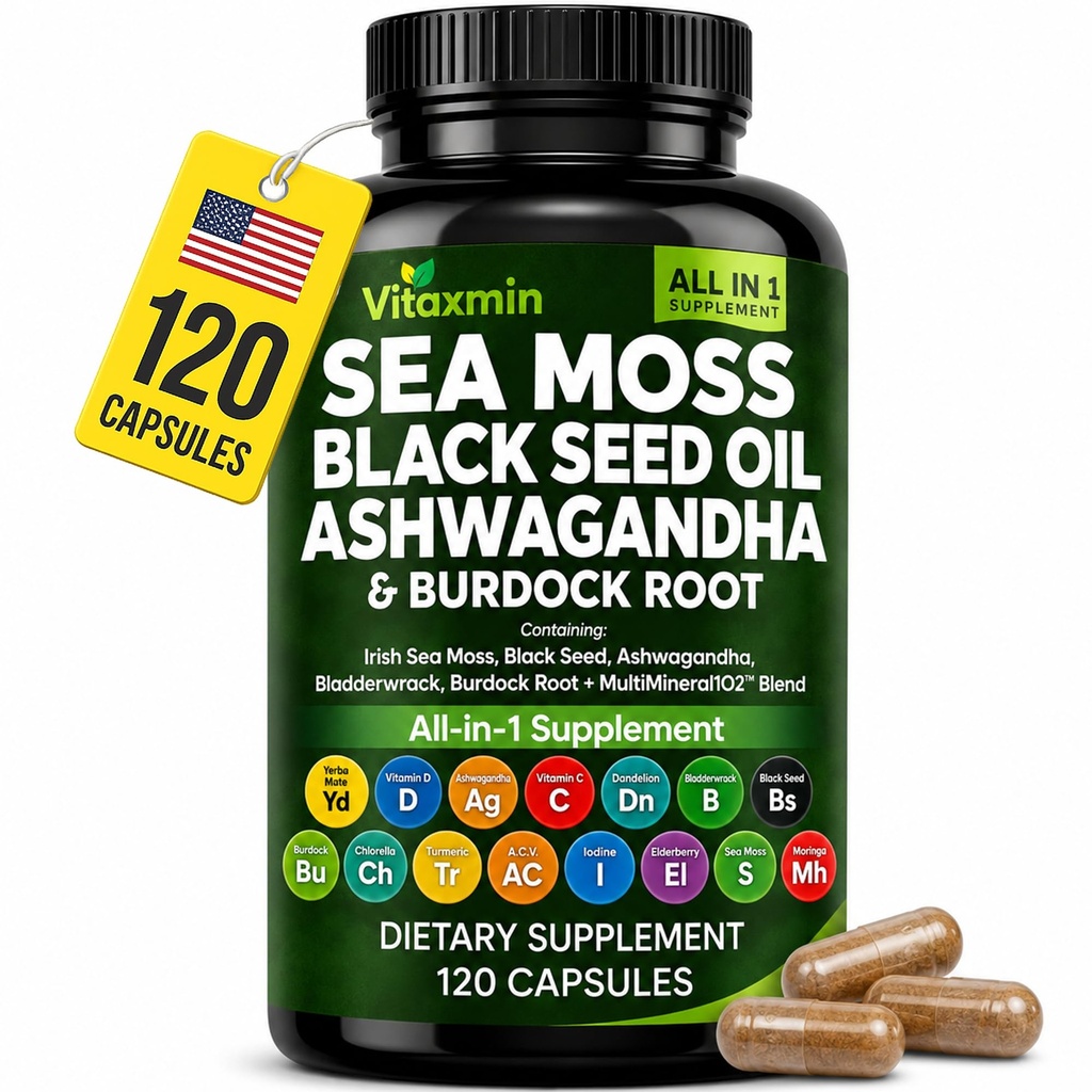 Sea Moss Capsules – Irish Sea Moss Supplement with Black Seed Oil, Ashwagandha, Burdock Root, Bladderwrack & Turmeric, Seamoss Pills, Herbal Complex, All-in-One Formula, 120 Capsules