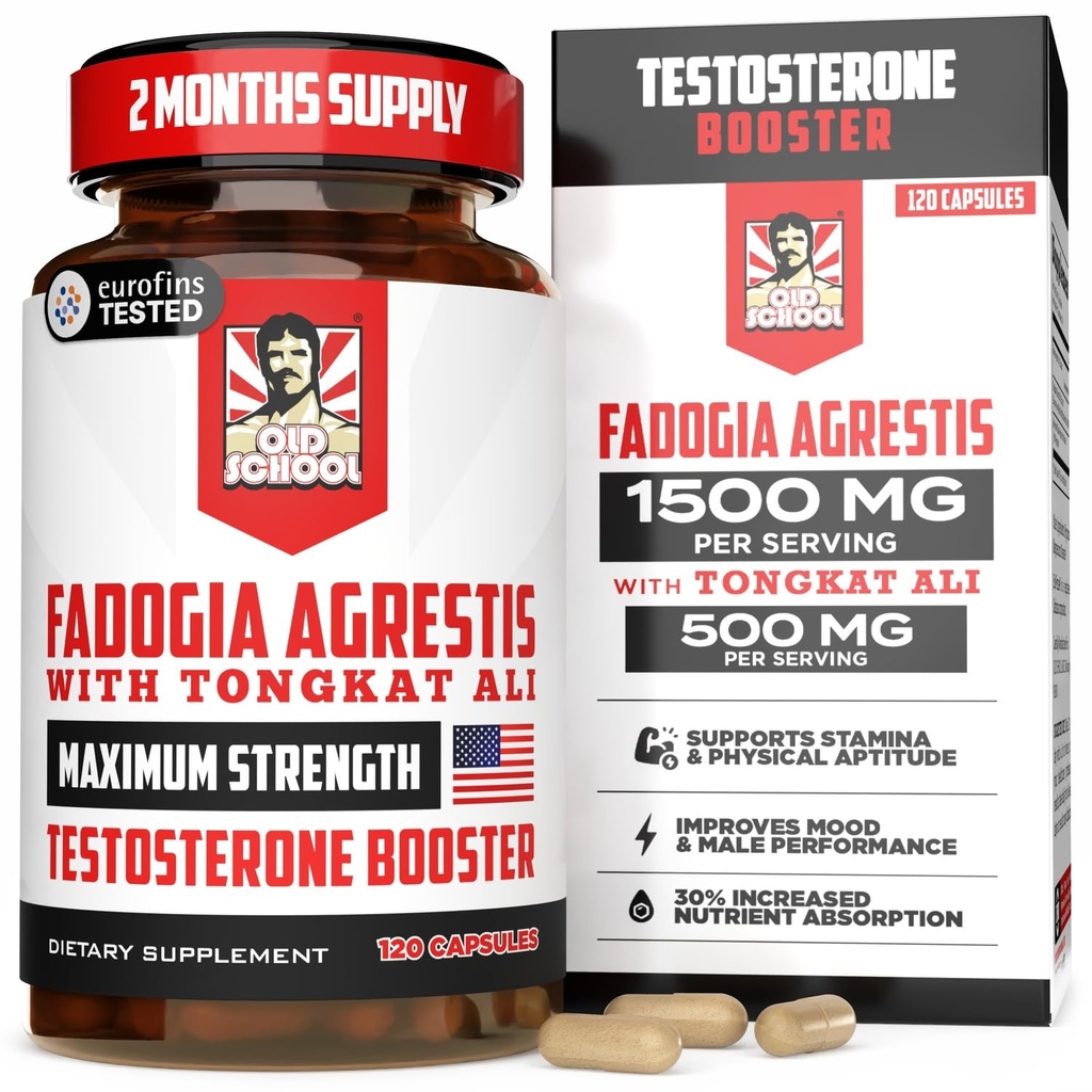 Old School Labs Testosterone Supplement for Men – Max Potency Tongkat Ali with BioPerine® for Max Absorption, Supports Muscle, Strength, Recovery, Drive & Stamina – Fadogia Agrestis, 120 Capsules