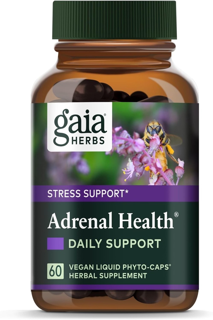 Gaia Herbs Adrenal Health Daily Support - Suplemento de herbas con Ashwagandha, Holy Basil & Schisandra - Axuda a manter unha enerxía saudable e niveis de estrés * - 60 Vegan Liquid Phyto-Capsules (60-Day Supply)