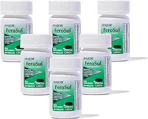 Major Ferosul - Ferrous Sulfate 325mg Tablets with 65mg of Elemental Iron - Iron Supplement for Women, Men - Green - 100 Tablets (6 Pack)