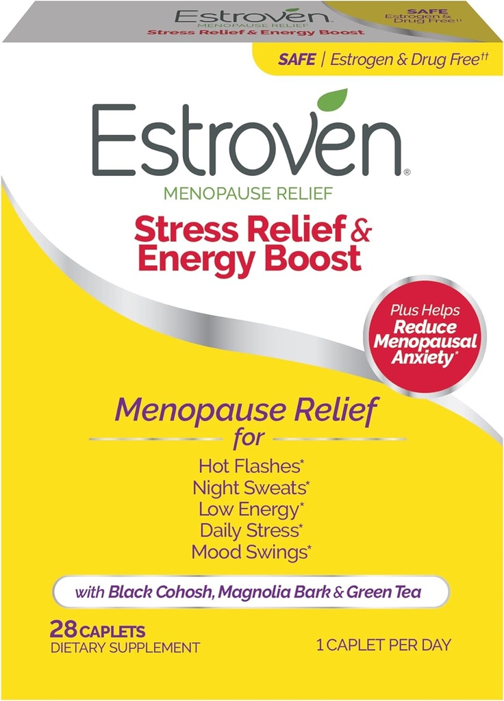 Estroven Stress Relief & Energy Boost for Menopauze Relief - 28 Ct. - Klinisch bewezen Ingrediënten Verzorgen Stress & Energy Support + Nachtkleding & Hot Flash Relief - Drug-Free en Gluten-Free