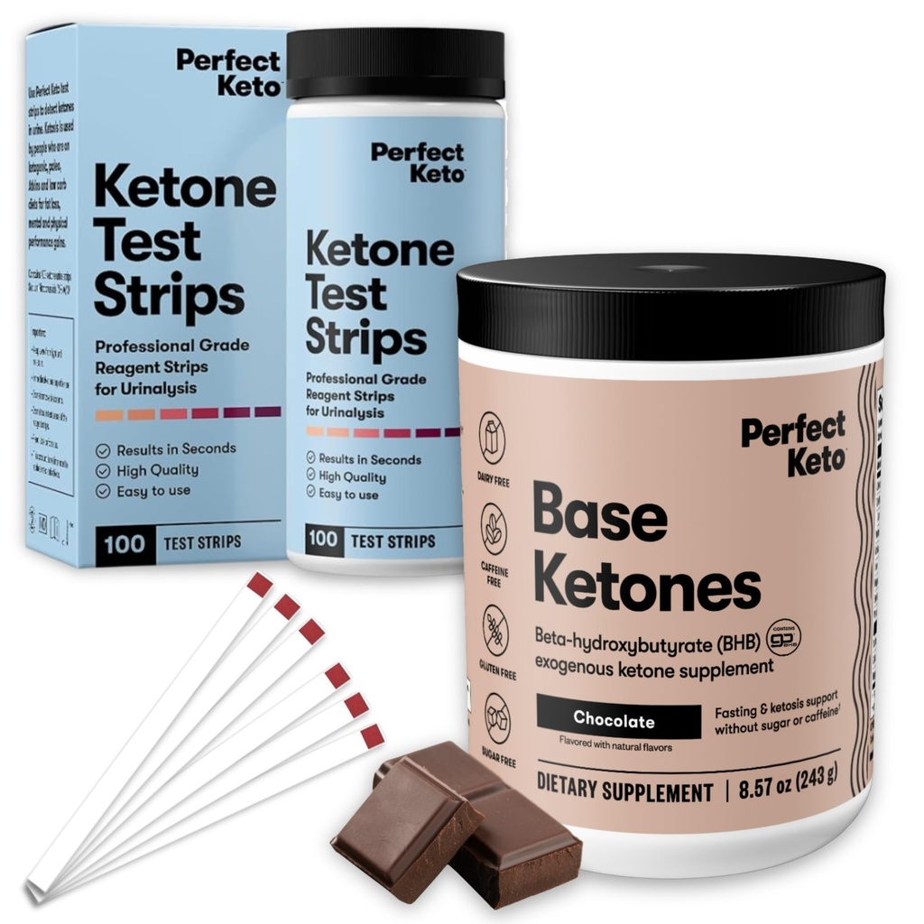 Perfect Keto Ketone Bundle — Exogenous Ketones Powder (Chocolate, 8.57 oz) + 100 ct Urine Ketone Test Strips — Keto Support & Monitoring Kit for Low Carb/Ketogenic Diets