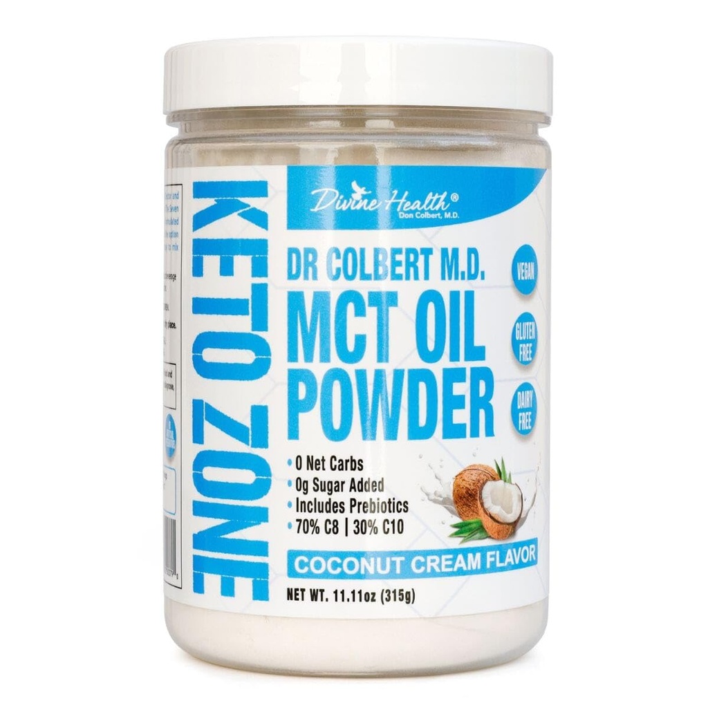 Dr. Colbert, MD MCT Oil Powder | Coconut Cream Flavor | by Divine Health | Keto Zone | 75/C8 25/C10 | 0 Net Carbs | 30 Day Supply | 315g
