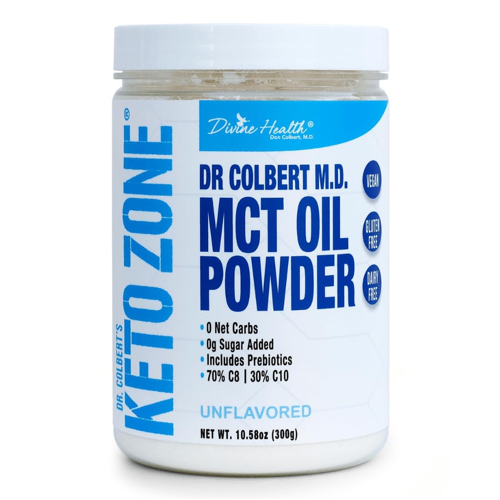 Dr. Colbert, MD MCT Oil Powder | Unflavored | by Divine Health | Keto Zone | 70% C8 | 30% C10 | 0 Net Carbs | Gluten Free | 30 Day Supply | 300g