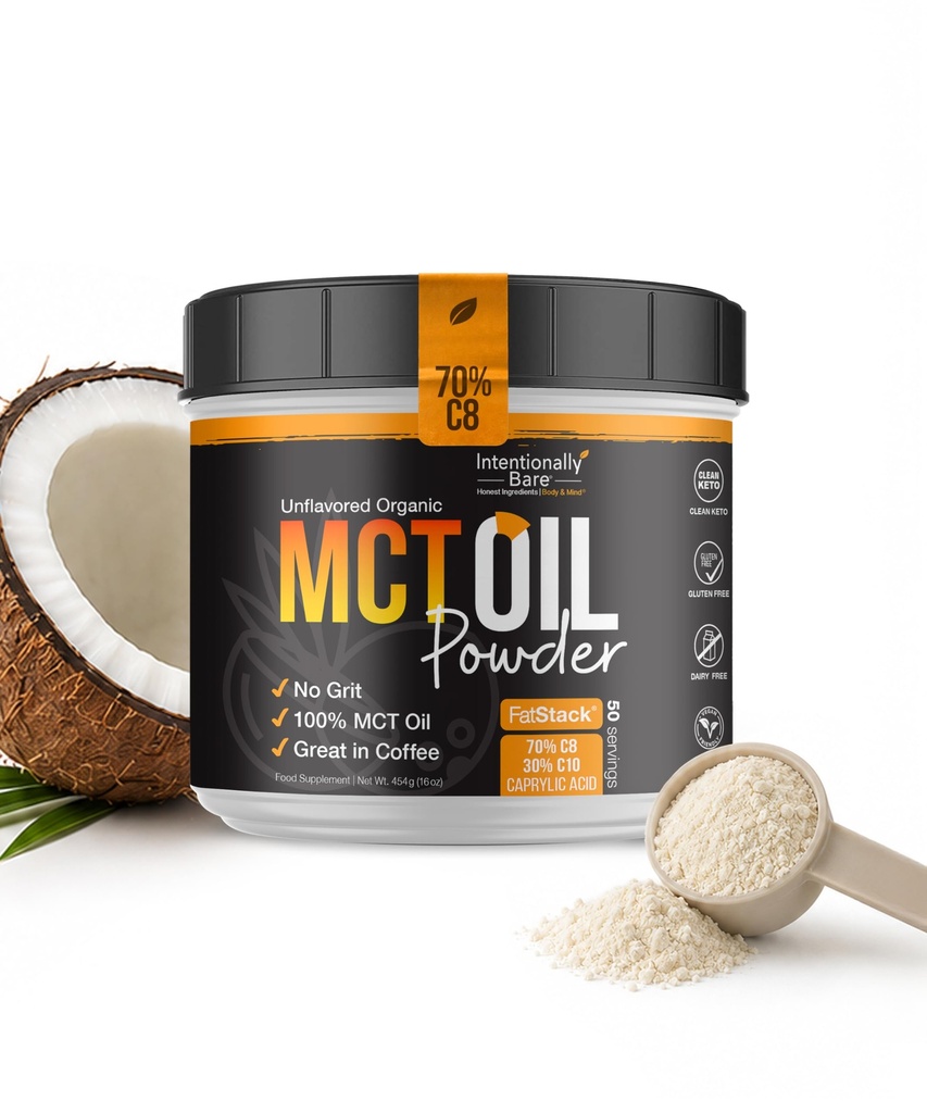 Intentionally Bare Organic MCT Oil Powder - 70% C8 & 30% C10 – MCT Coffee Creamer with Prebiotic Fiber - Coconut Oil Powder for Clean Energy, Mood & Focus – 0 Net Carbs – Unflavored - 50 Servings