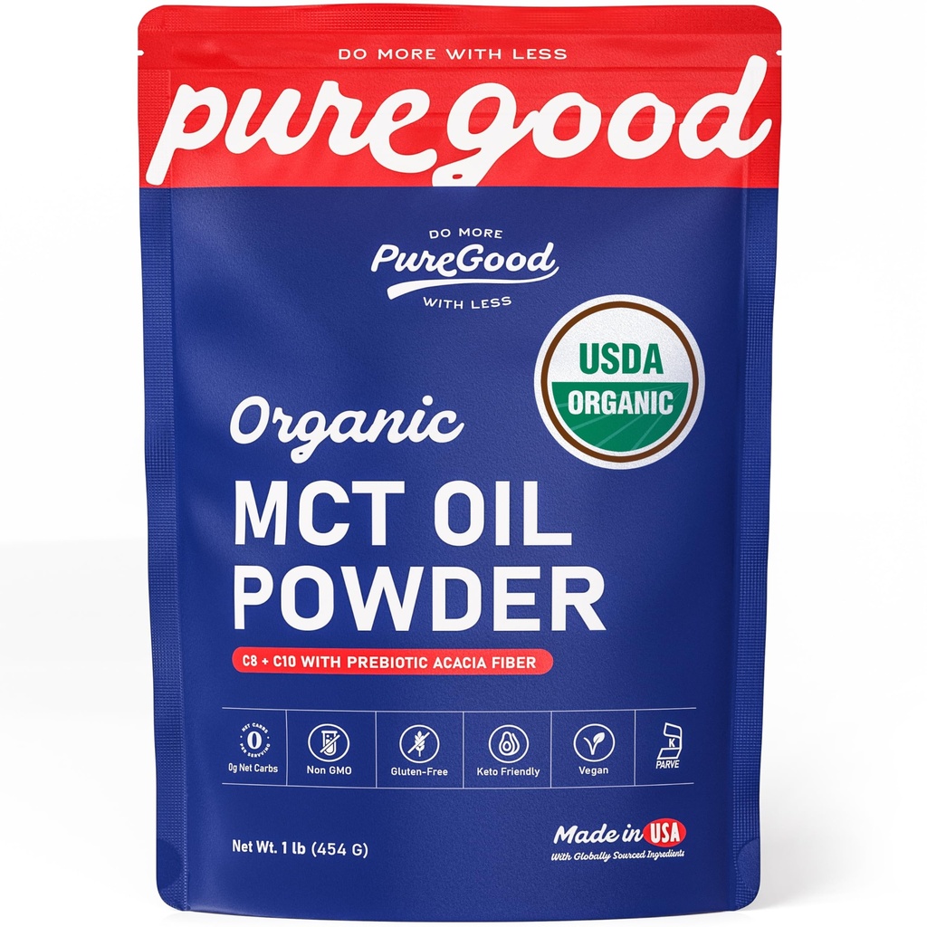 PureGood Organic MCT Oil Powder with Prebiotic Fiber, 1 Pound (16 oz) | C8 & C10 from Coconuts | MCT Oil Coffee Creamer, Unflavored | Non-GMO, Vegan, Kosher, Gluten Free