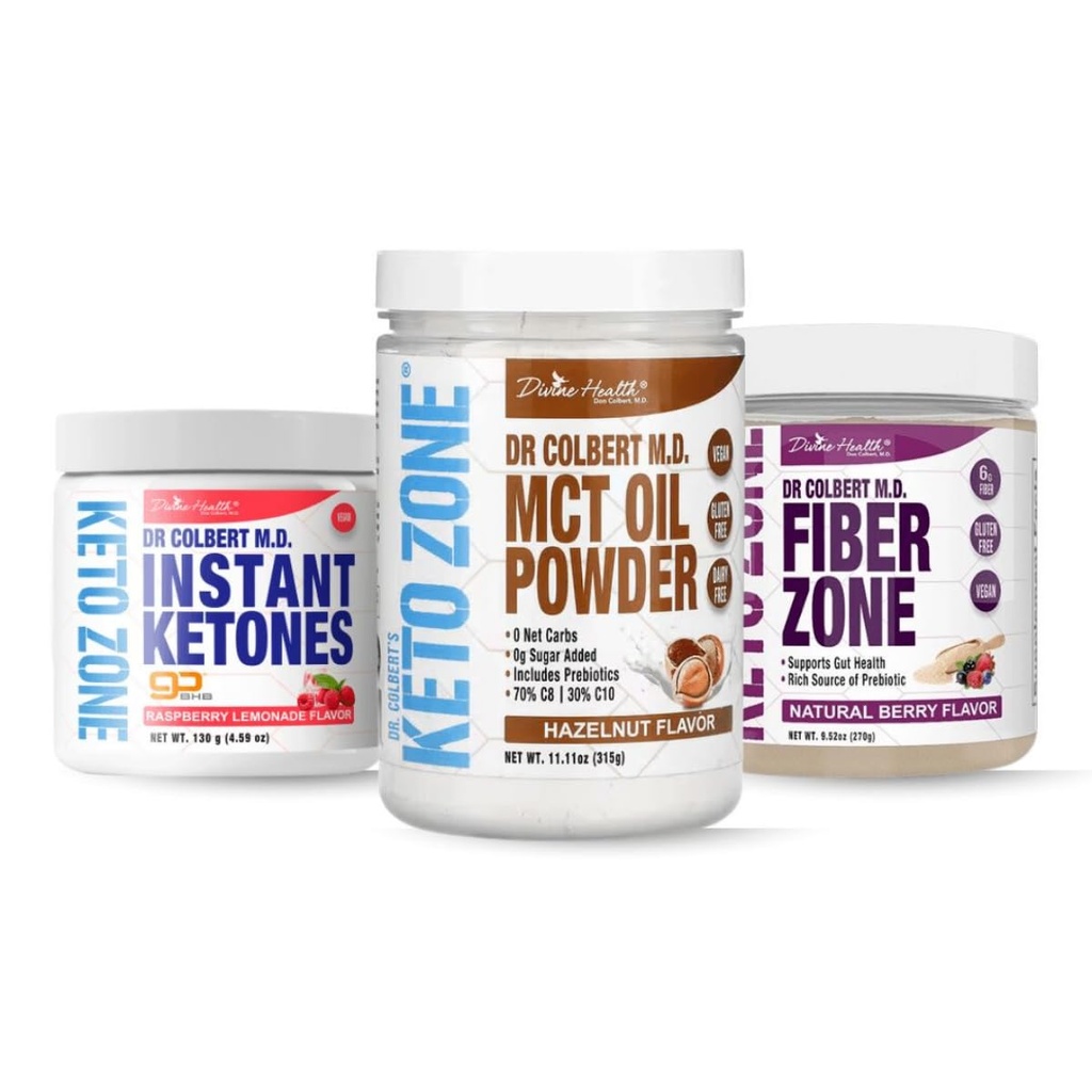 Keto Zone Maintenance Pack | by Divine Health & Dr. Colbert | MCT Oil Powder (Hazelnut) | Fiber Zone (Berry) | Instant Ketones (Raspberry) | Supports Energy & Gut Health