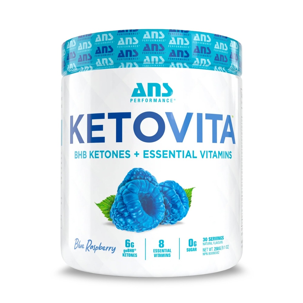 ANS Performance Ketovita Supplement Beta-Hydroxybutyrate Ketones Drink Powder with Zero Sugar and 30 Servings, Boosts Metabolism, Blue Raspberry