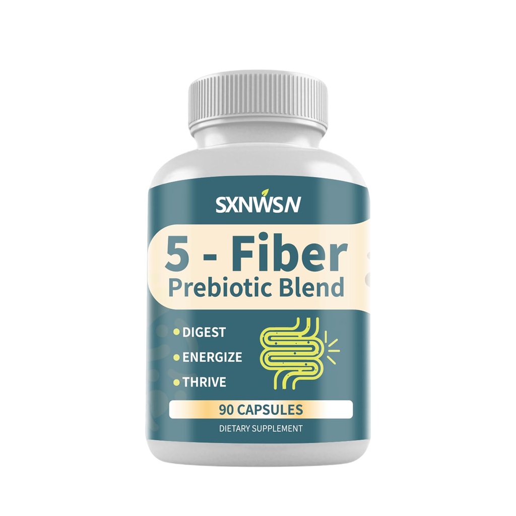 Fiber Supplement, 5-Fiber (Soluble & Insoluble) Prebiotic Formula with Psyllium Seed Husks, Acacia Gum, Apple Fiber and More - Digestion Health Support | 90 Capsules