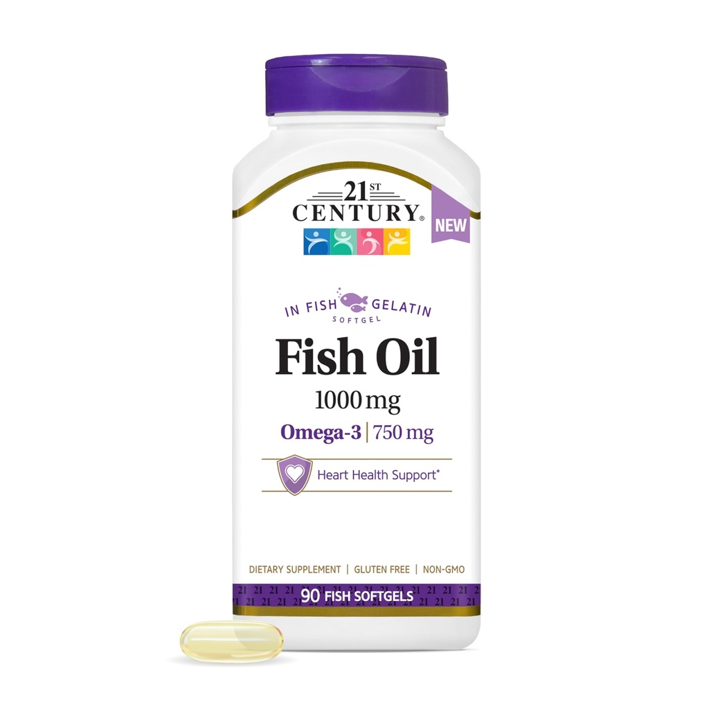 21st Century Fish Oil 1000mg Softgels Omega-3 EPA & DHA for Heart & Cardiovascular Health | Gluten Free, Non-GMO | Fish Gelatin - No Pork Gelatin | 90 Count