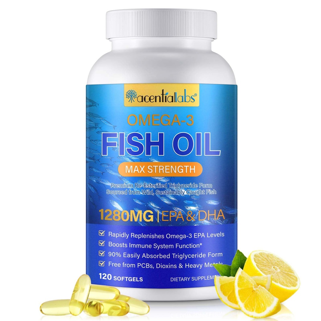 Omega 3 Fish Oil - Fatty Acids-Supplement | Fish Oil Supplements for Women & Men 1280mg Per Serving, Support Heart, Brain, Eyes, Muscle & Joint Health | EPA DHA Supplement – 120 Softgels
