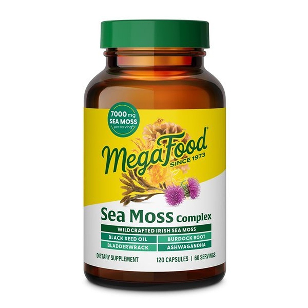 MegaFood Sea Moss Complex - Irish Sea Moss 7000mg Per Serving Plus Black Seed Oil, Burdock Root, Bladderwrack & Ashwagandha - Vegan Gut Health & Immune Support Supplement, 120 Capsules, 60 Servings
