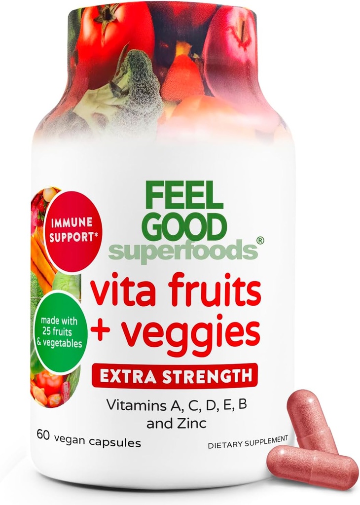 FeelGood Superfoods 1000mg 면역 지원 캡슐 25 유기 과일과 야채로 만든, 비타민 A, C, D3 및 아연, 60 조사를 가진 강한 면역 부스터