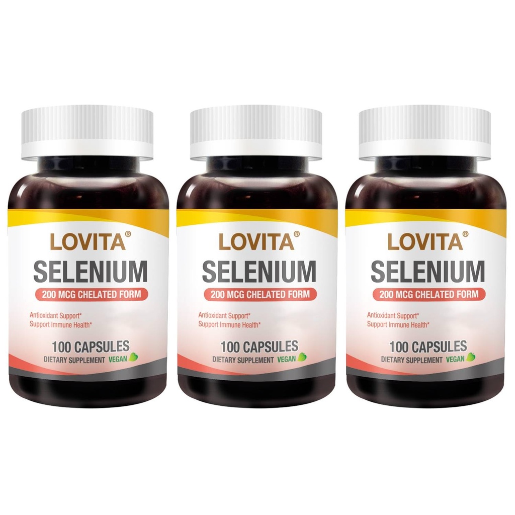 LOVITA Selenium 200 mcg, Glycinate Chelated Form for High Absorption, Yeast Free, Immune & Thyroid Health Support 100 Vegan Capsules (Pack of 3)