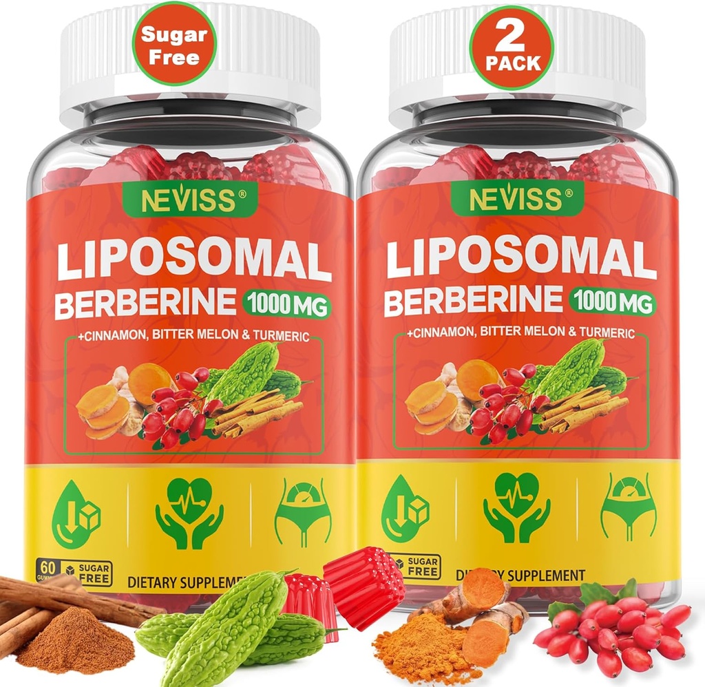 Liposomal Berberine Gummies Organic + Berberine HCL + Turmeric, Berberine Supplement mit Ceylon Cinnamon, Bitter Melon, Fiber for Digestion, Artichoke for Liver, Overall Health, Sugar Free