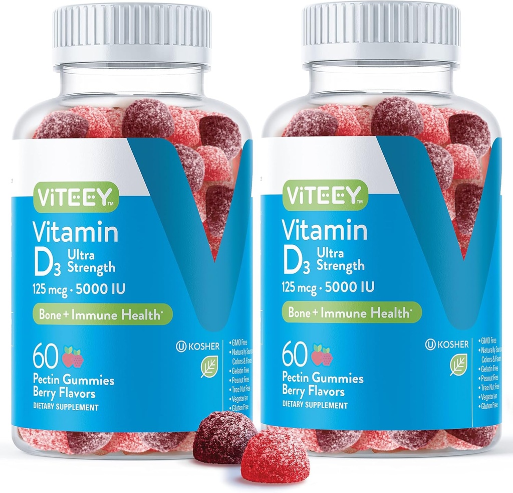 Viteey Vitamin D3 Gummies for Adults & Teens - 5000 МЕ, 125 мкг, UltraStrength - Joint & Muscle Health, Immune Boost - Chewable Vitamin D Gummies - Vegetarian, Gelatin Free - Tasty Berry Flavored