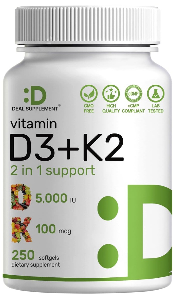 DEAL SUPPLEMENT 2 Pack Vitamin D3 5,000 IU + K2 MK7 Softgels, 500 Count | 2-in-1 Complex | Supports Heart, Bone, Teeth & Immune Health | Easy to Swallow