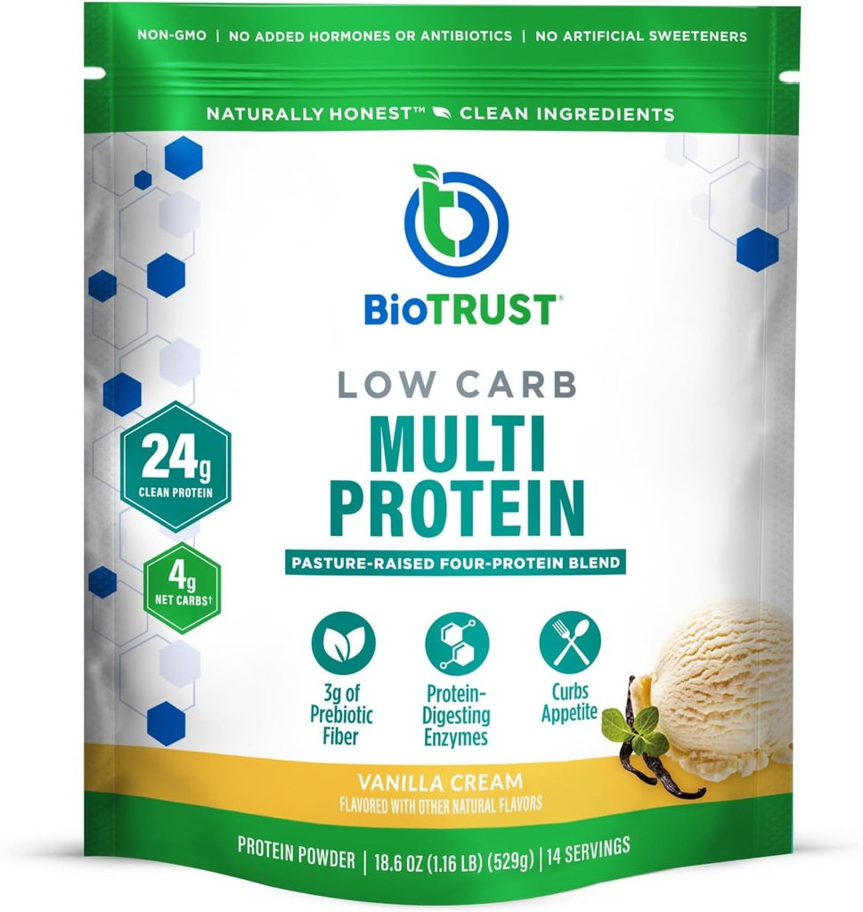 BioTrust Low Carb Protein Powder - Whey eta Casein nahasketa belar-fresko hormona libretik - GMO, Soy Free, Gluten Free, Hormona Free (Vanilla)