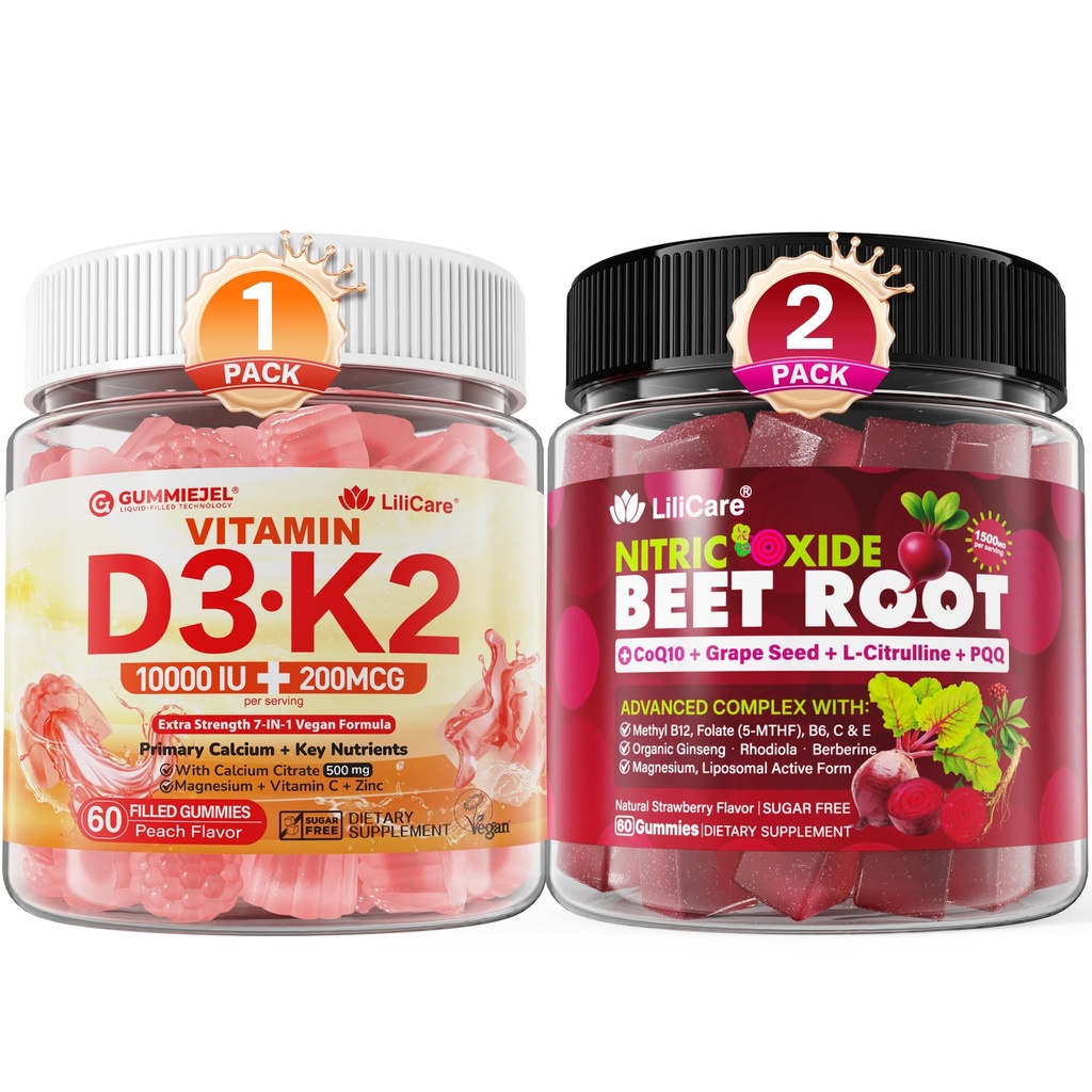 LILICARE Vitamin D3 K2 Gummies 5000IU / 10,000 IU with 500mg Calcium + Beet Root Gummies