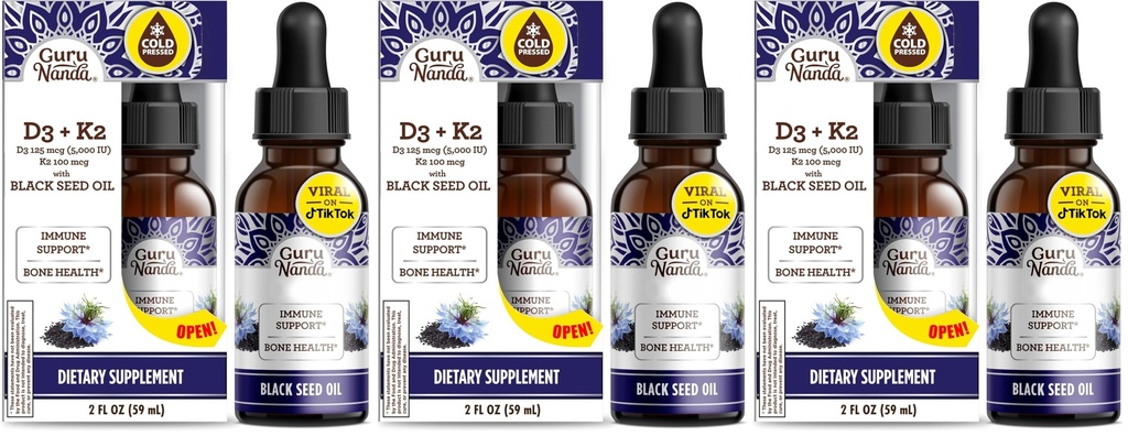 GuruNanda Black Seed Oil, Cold-Pressed Nigella Sativa - Rich in Vitamin D3 5000 Units, K2 & E, High Thymoquinone | Potent Antioxidant for Immune Support, Non-GMO, 2 Fl.oz (Pack of 3)