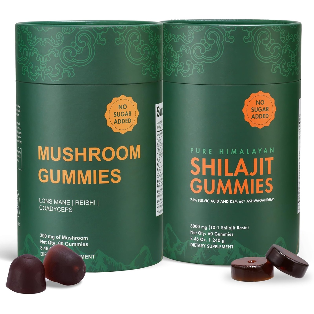 Bundle of Himalayan shilajit &Mushroom Gummies Supplement – 3000 mg shilajit, Lions Mane Reishi, Cordyceps, no Added Sugar, lab Tested, 75%+ fulvic Acid, 92+ Minerals,One Supplement(1 Package).