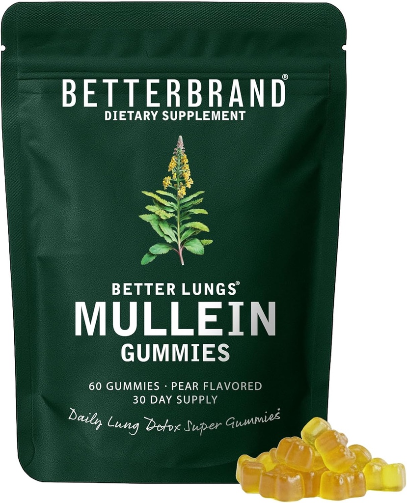 Betterbrand Mullein Gummys for Lungs – 1000mg 草药补充剂用于肺解毒和呼吸支持 – 梨花脆脆脆脆脆脆甜甜甜 – 30天供应 – 30天供应 – Betterbrand Mullein Gummys.