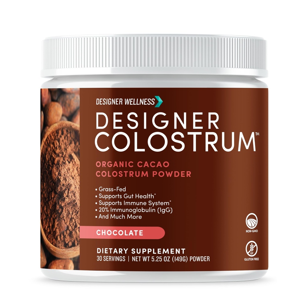 Designer Wellness, Pure Bovine Colostrum Superfood Powder, Gut Health & Bloating, Immune Support, Skin & Hair, Gluten & Fat-Free, Chocolate, 30 Servings