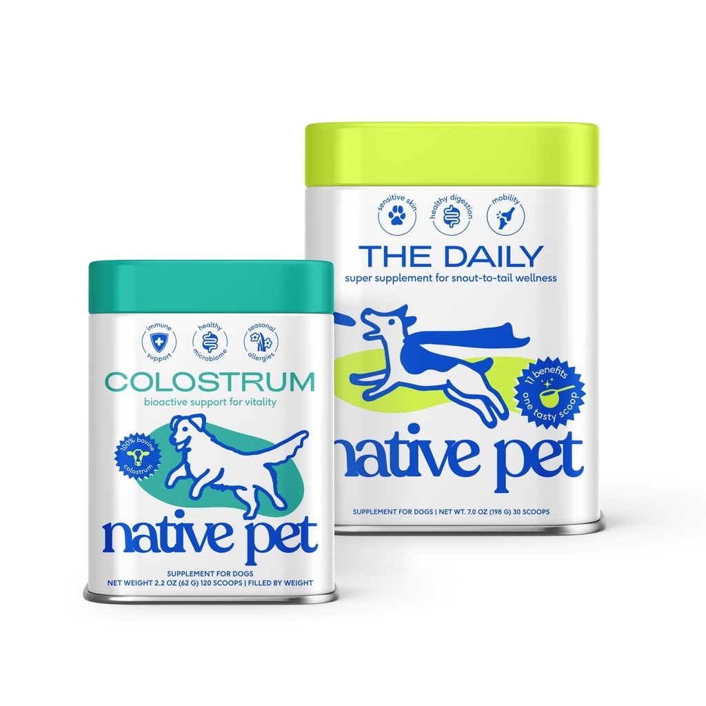 Native Pet The Daily Dog Vitamins & Supplements (30 Scoops) & Bovine Colostrum Powder (120 Scoops) – 11-in-1 Multivitamin, Allergy Relief, Immune Support & Itchy Skin Treatment for Dogs