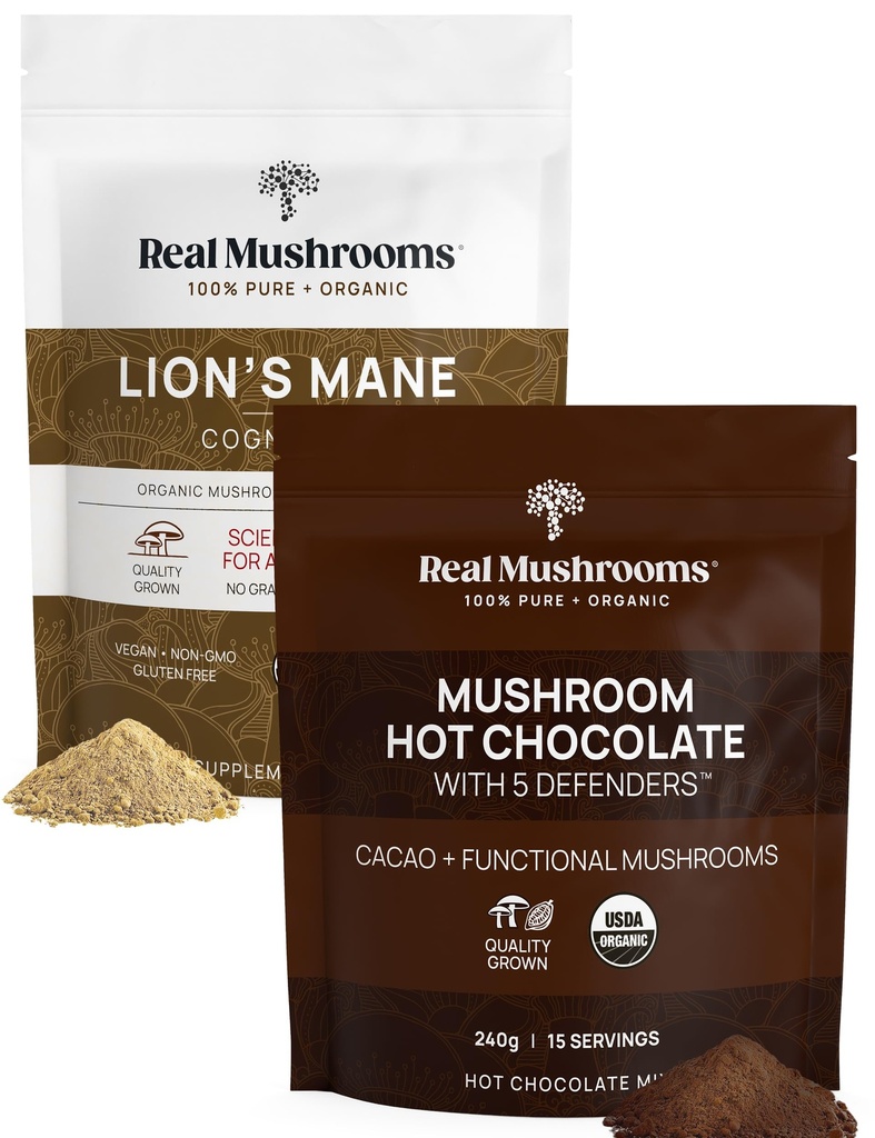 Real Mushrooms Hot Chocolate Mix (15 Servings) and Lion’s Mane (60 Servings) Powder Bundle - Mushroom Powder Supplement for Daily Immunity & Cognition Support - Gluten-Free, Non-GMO, Vegan