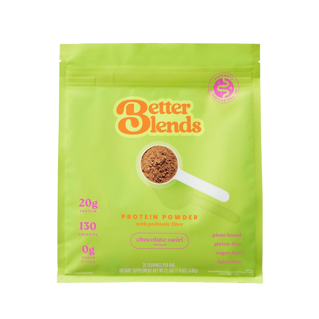 Gut-Friendly Protein Powder for Sensitive Stomachs, Low FODMAP, 20g Vegan Pea & Rice Protein with Prebiotic Fiber, Dairy-Free, Gluten-Free, No Gums or Added Sugar - Chocolate Swirl