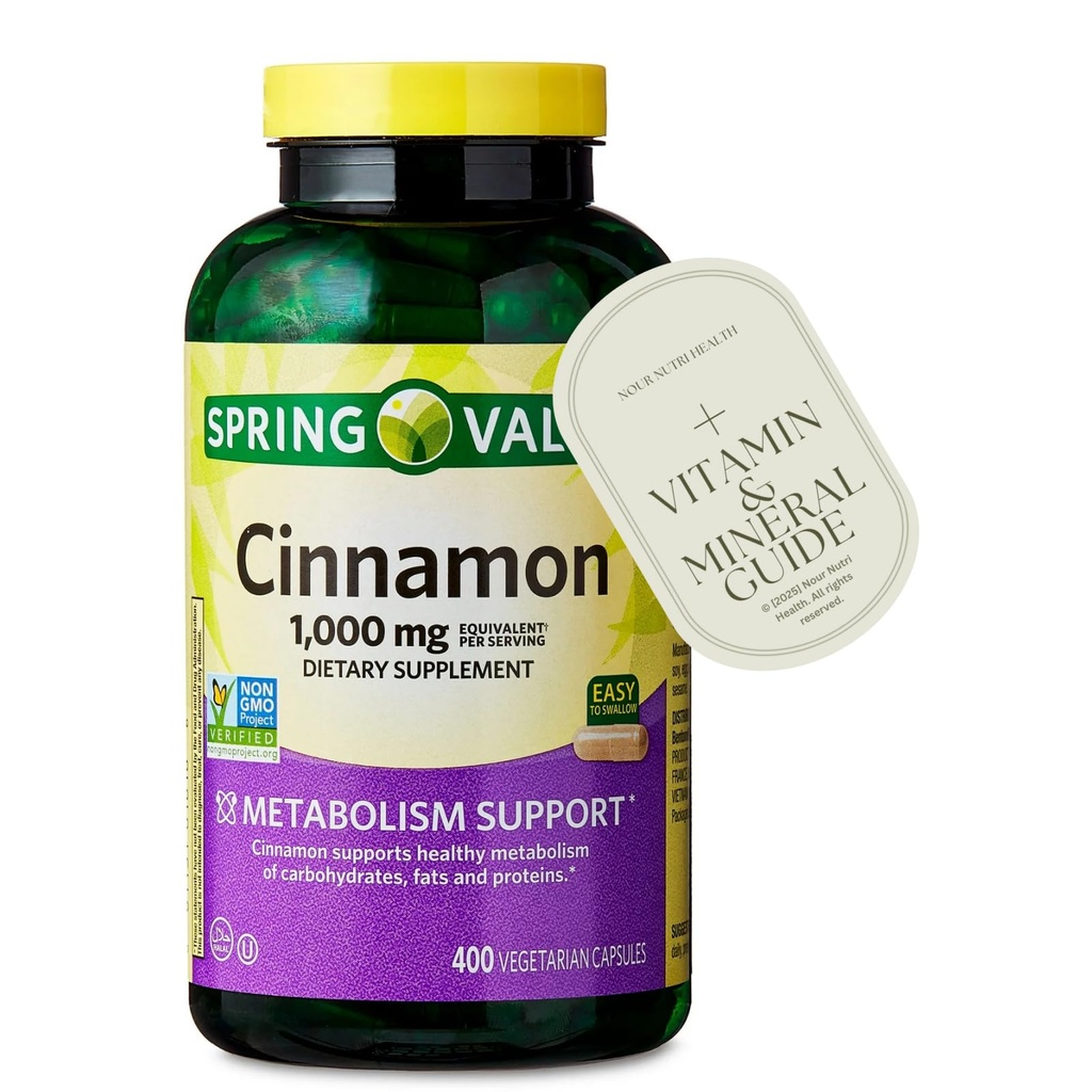 Cinnamon Dietary Supplement Capsules, 1000 mg, 400 Count – Supports Metabolism & Overall Wellness, Vegetarian, Non-GMO, Allergen-Free - Exclusive Vitamin Guide Included