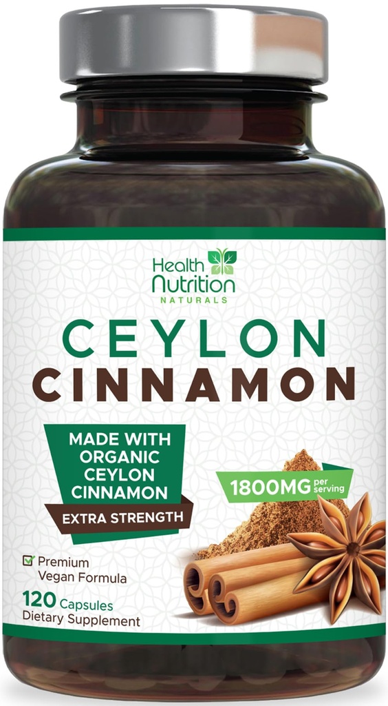 Ceylon Cinnamon Capsules - 100% Extra Strength Cinnamon Pills - Certified Organic Ceylon Cinnamon Powder - Energy & Heart Support - Gluten Free & Sugar Free Supplement - Bottled in USA - 120 Capsules