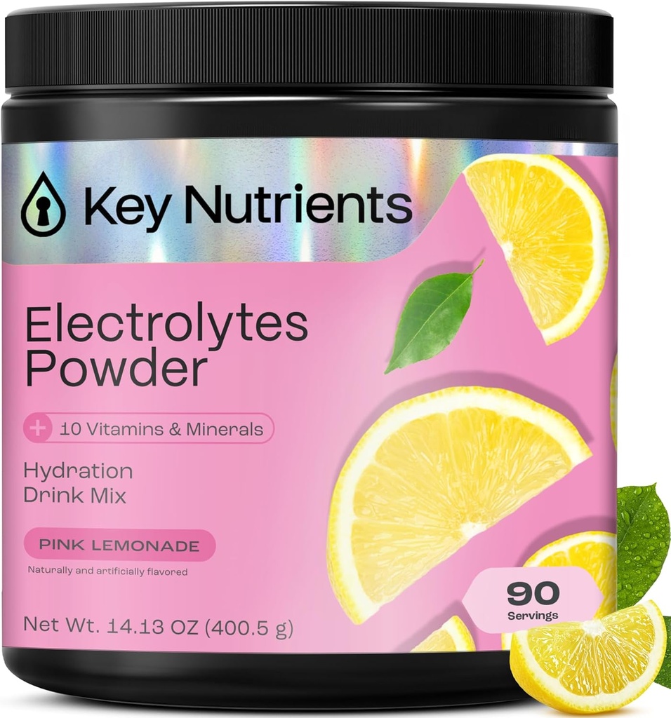 KEY NUTRIENTY Multivitamin Electrolytes Powder No Sugar - Fresh Pink Lemonade Electrolyte Powder - Endurance & Energy Supplement - Hydration Powder - No Calories - 90 Servings - Made in USA