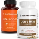 Real Mushrooms RealBoost (60ct) und Lions Mane (120ct) Kapseln Bundle - Pilz-Ergänzung für Energie, Vitalität & Kognition - Energie & Gehirn Vitamine w/Cordyceps, Ginseng, Guayusa - Vegan, Non-GMO