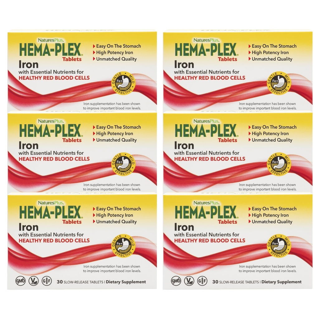 NaturesPlus Hema-Plex Iron - 30 Slow-Release Tablets, Pack of 6 - Total Blood Health - 85 mg Chelated Iron - with Vitamin C & Bioflavonoids - Non GMO, Vegetarian & Gluten Free - 180 Total Servings