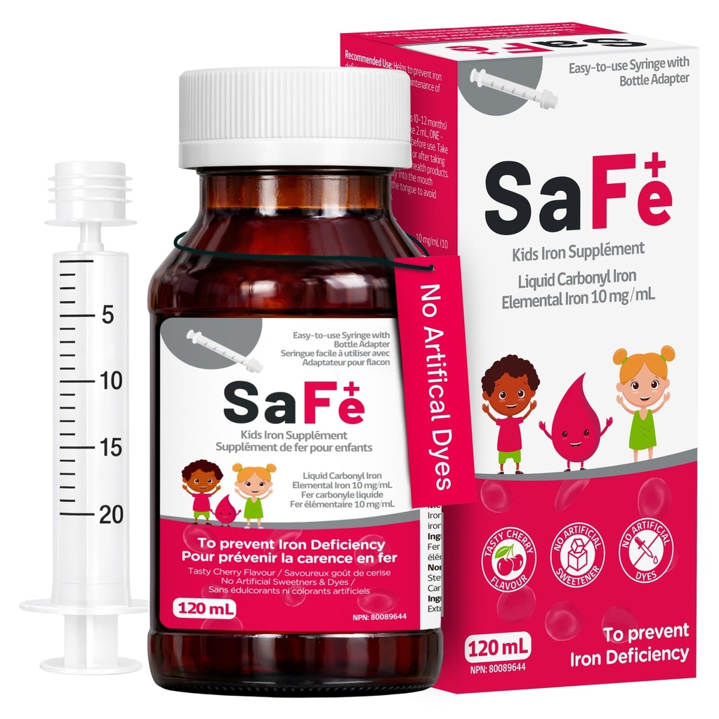 Safe+ Liquid Iron Supplement for Kids & Infants, 10 mg/mL, Carbonyl Iron Liquid, Gentle on Stomach, No Artificial Sweeteners or Dyes, Great-Tasting Cherry Flavor, 4 oz