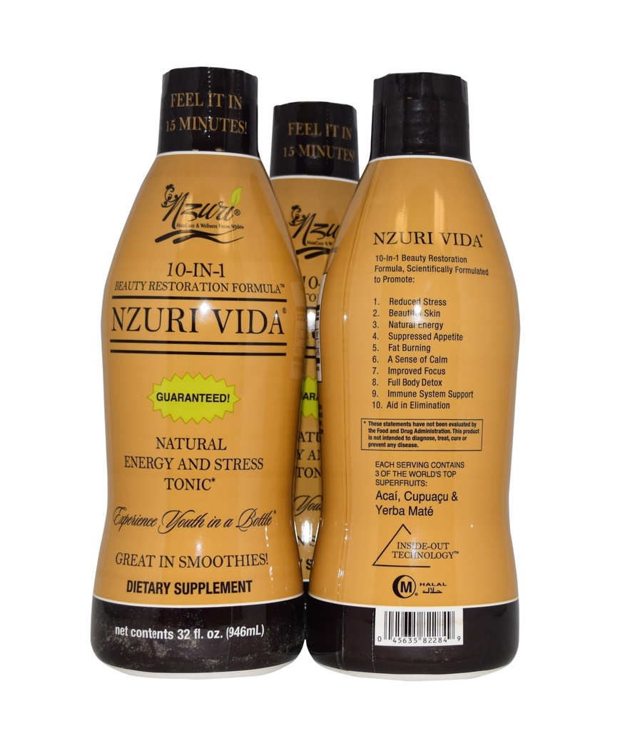 Nzuri Vida All-Natural Energy & Stress Support Tonic 10-in-1 Total Body Restoration Drink with Acai Berry, Cupuacu & Yerba Mate. Smooth Energy, Calm Focus, Detox & Immune Support - 3 Bottles 32 OZ