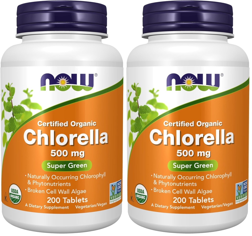 NOW Foods Supplements,Organic Chlorella 500 mg with Naturally Occurring Chlorophyll,Beta-Carotene,Mixed Carotenoids,Vitamin C,Iron and Protein,200 Tablets,(Pack of 2)