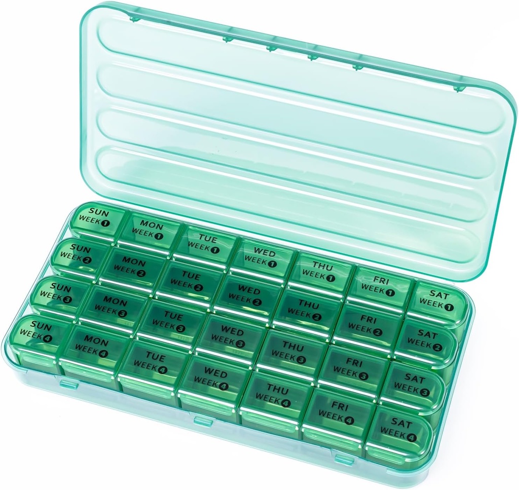 28 Day Monthly Pill Organizer - 4 tygodniowe Pill Box 1 Time a Day, 7 Day Medicine Organizer Box, Travel Pill Container for Witamina, Olej rybny (Olive Green)