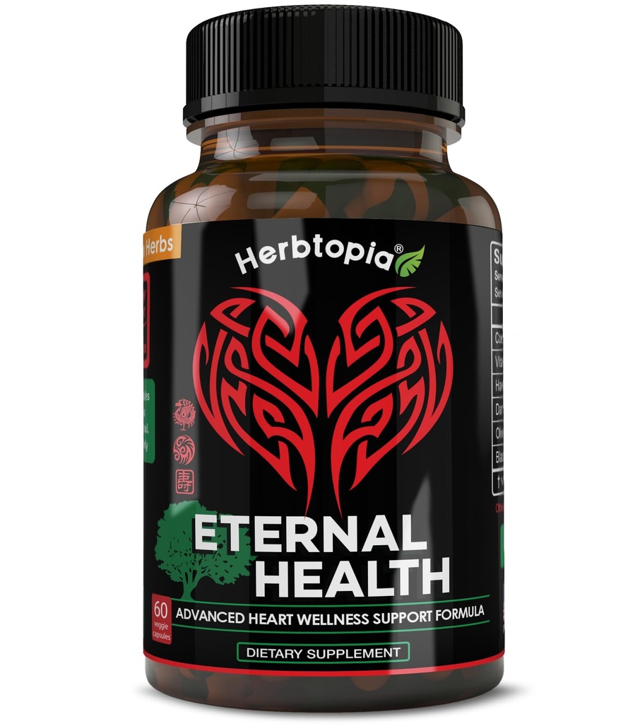 Eternal Health Blood Pressure Support Supplement – Heart Health & Blood Circulation Formula with CoQ10, K2 MK7, Black Garlic, Hawthorn, Olive Leaf & Dan Shen – 60 Capsules