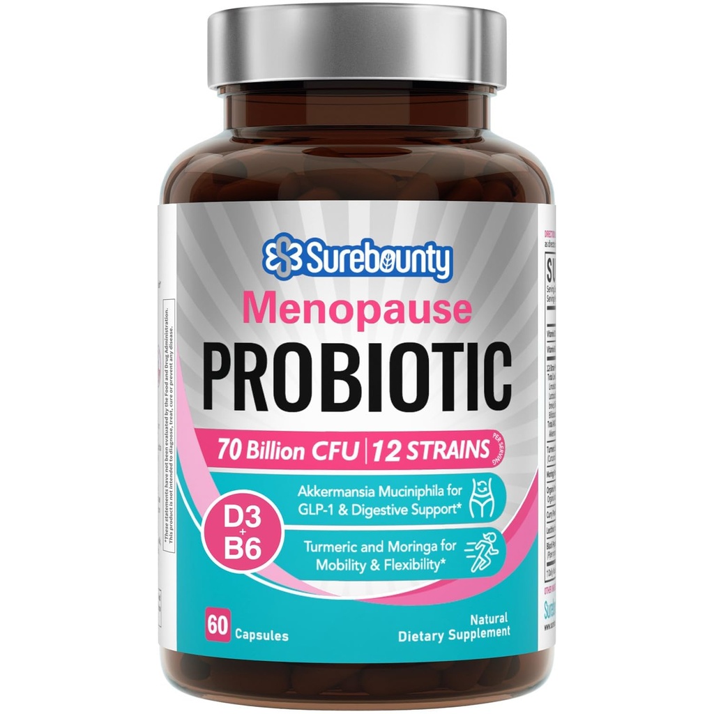 Menopause Probiotic Supplement for Women, 70 Billion CFU, with Akkermansia Muciniphila, Vitamins B6 & D3, Botanicals, for Hormone Balance, Hot Flashes, Night Sweats, Gut Health, 60 Capsules