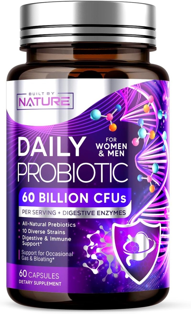 여성 및 남성을위한 자연 Probiotic에 의해 제작 - 60 억 CFU, 10 Strains + Prebiotics & Digestive Enzymes - 소화, 면역, 감소 가스 & Bloating - 선반 안정, 비 GMO - 60 캡슐