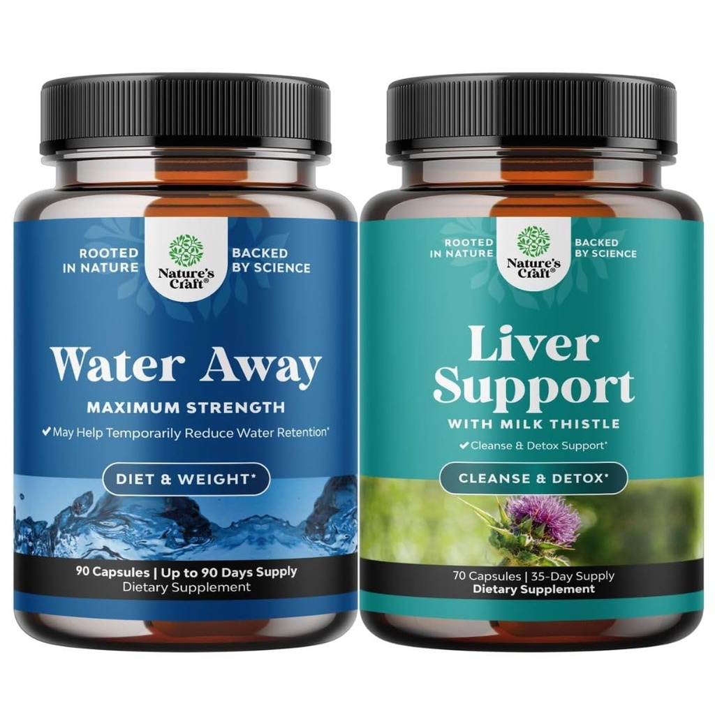 Bundle of Water Away Herbal Diuretic Pills HIgh Strength with Dandelion Leaf Extract & Green Tea for Bloating Relief and Liver Cleanse Detox & Repair - Milk Thistle for Digestion & Immune Health
