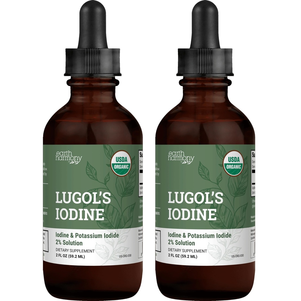 Organic Lugol's Iodine (2-Pack), Iodine and Potassium Iodide 2% Solution 3000 mcg - Liquid Supplement Drops for Thyroid Support for Women & Men, Metabolism Health, Detox Boost - 395 Servings (2 Fl Oz)