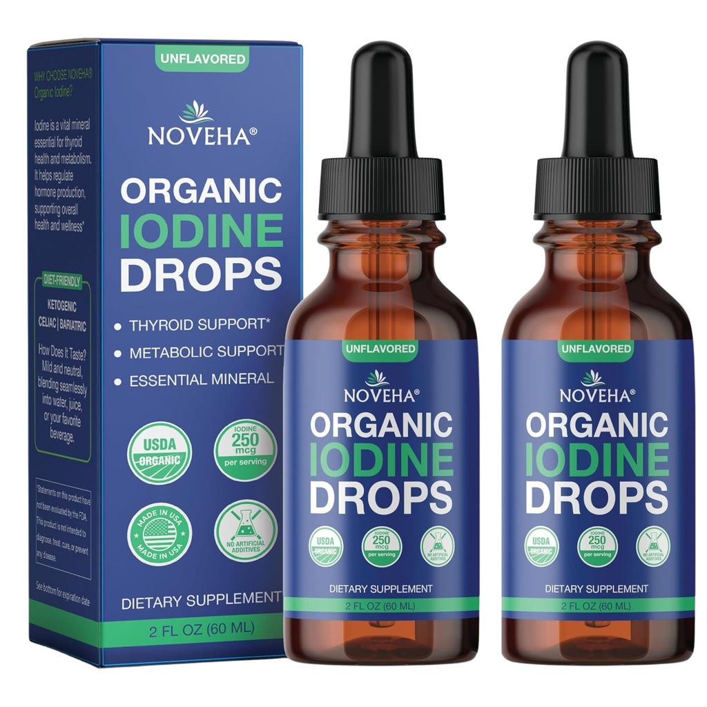 NOVEHA Organic Iodine Drops - Potassium Iodide Liquid - Iodine Supplements for Thyroid & Metabolism Support, 250 mcg per Serving, USDA Organic, Vegan, Non-GMO, Gluten-Free | 30-Month Supply - 2 Fl Oz