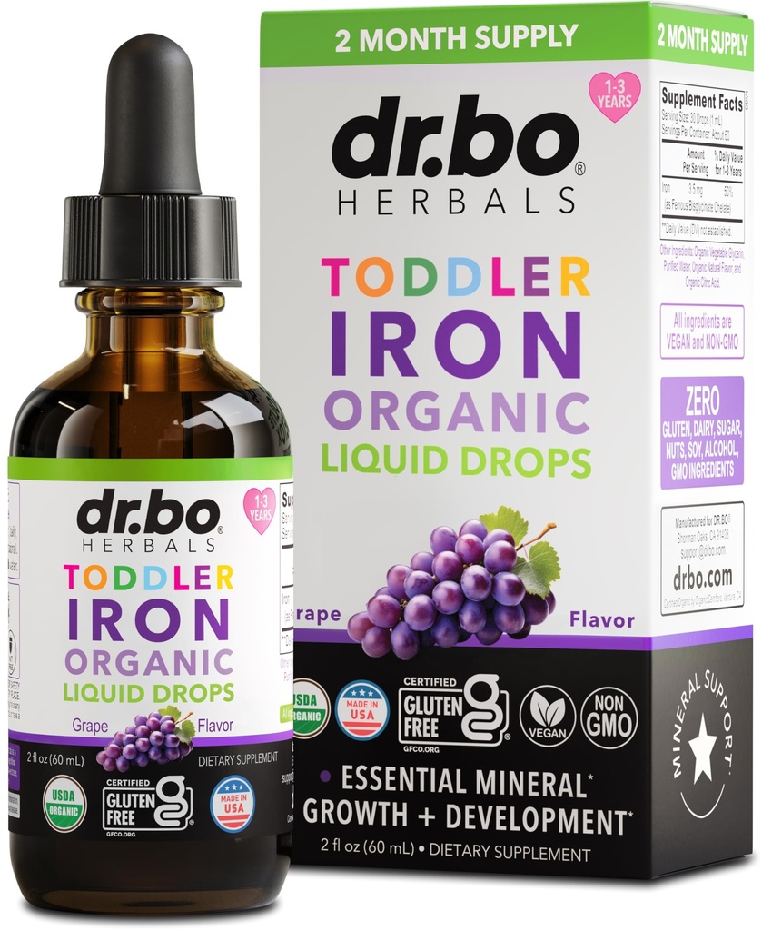 Iron Supplement for Toddlers & Kids - Organic Liquid Iron Drops for Kids, Toddler, Baby, Infant, Toddlers Supplements Ages 1-3 - Organic Vegan Toddler Liquid Drops Supplement, Gluten Free, Non-GMO 2oz