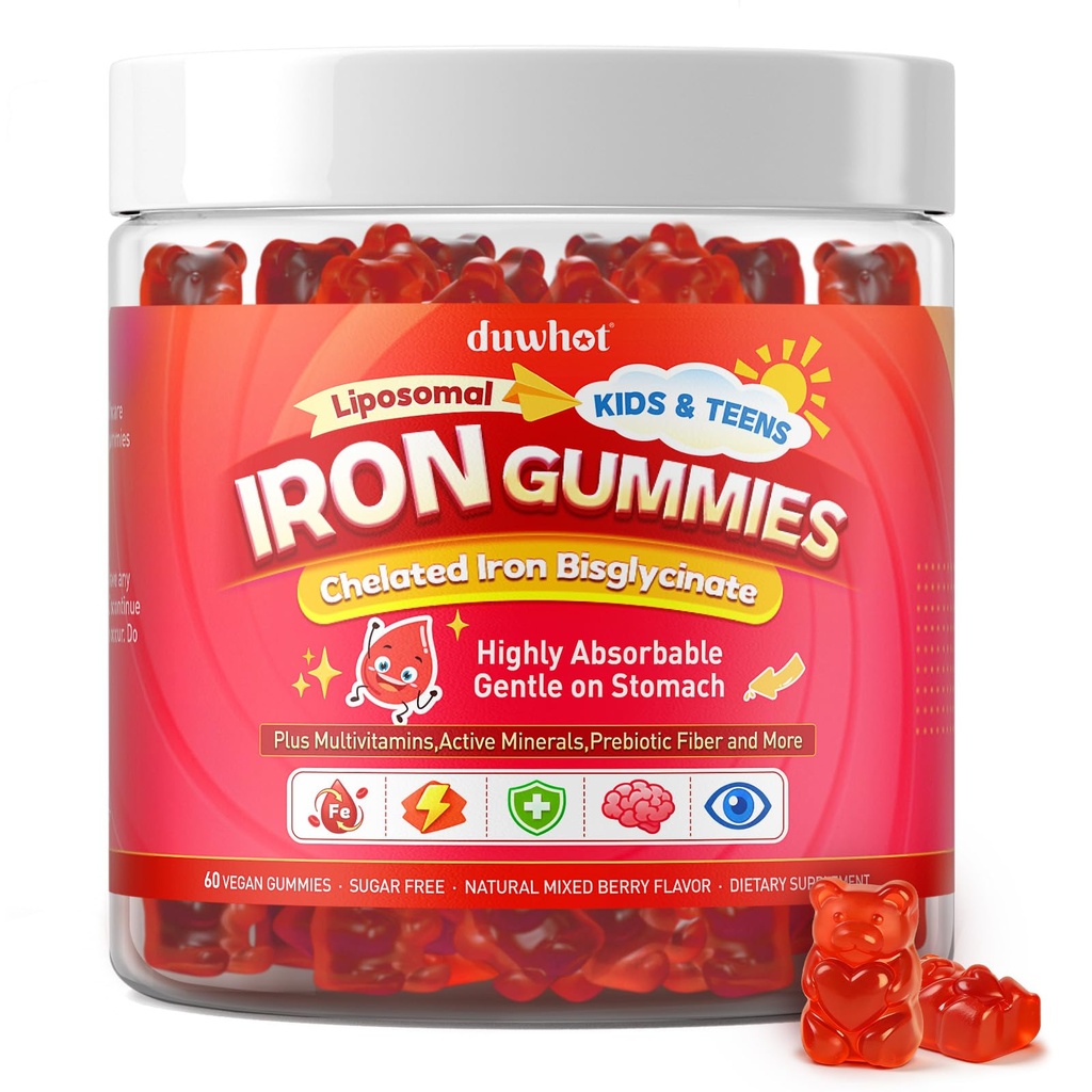 duwhot Iron Gummies for Kids Teen, Liposomal Iron Bisglycinate with Vitamin C, Chewable Iron Supplement plus Multivitamins, Minerals & More, Energy, Immunity & Blood Support, Sugar Free,Vegan,60 Chews